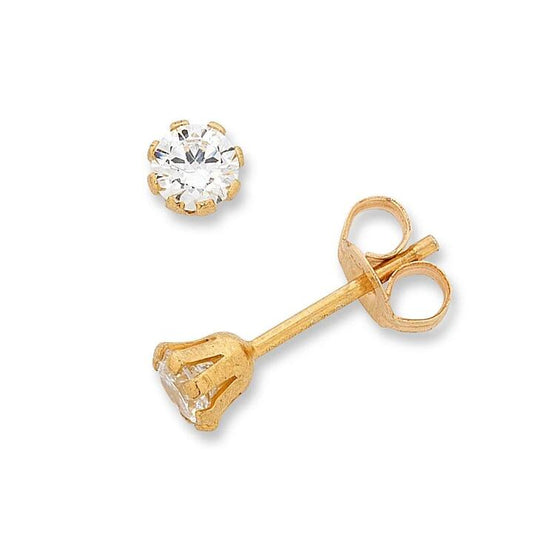 Image of Earrings. Productname: 9kt Yellow Gold Silver Infused 3mm Cubic Zirconia Earrings in Gold colour by brand - Bevilles