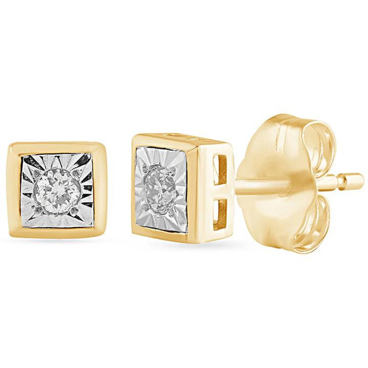 Image of Earrings. Product name - Cushion Shape Stud Earrings with 0.05tw of Diamonds in 9kt Yellow Gold in colour by brand - Bevilles