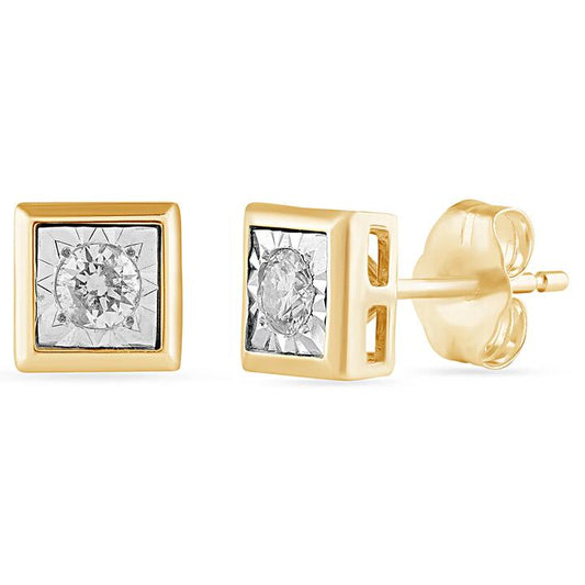 Image of Earrings. Productname: Cushion Shape Stud Earrings with 1/5ct of Diamonds in 9kt Yellow Gold in Diamond colour by brand - Bevilles
