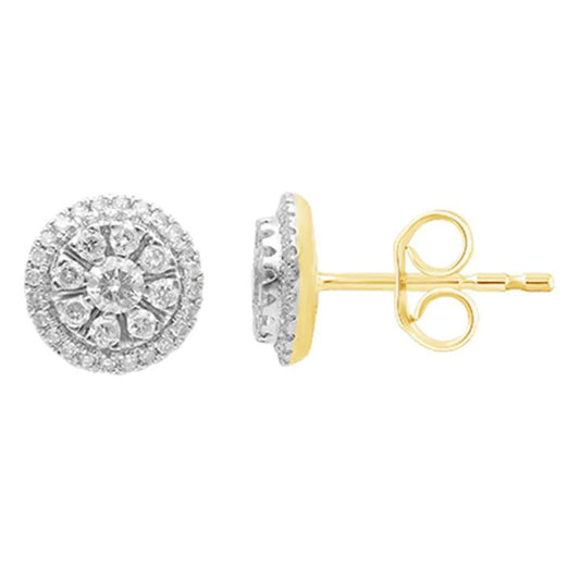 Image of Earrings. Productname: Composite Halo Stud Earrings with 0.50tw of Diamonds in 9kt Yellow Gold in colour by brand - Bevilles