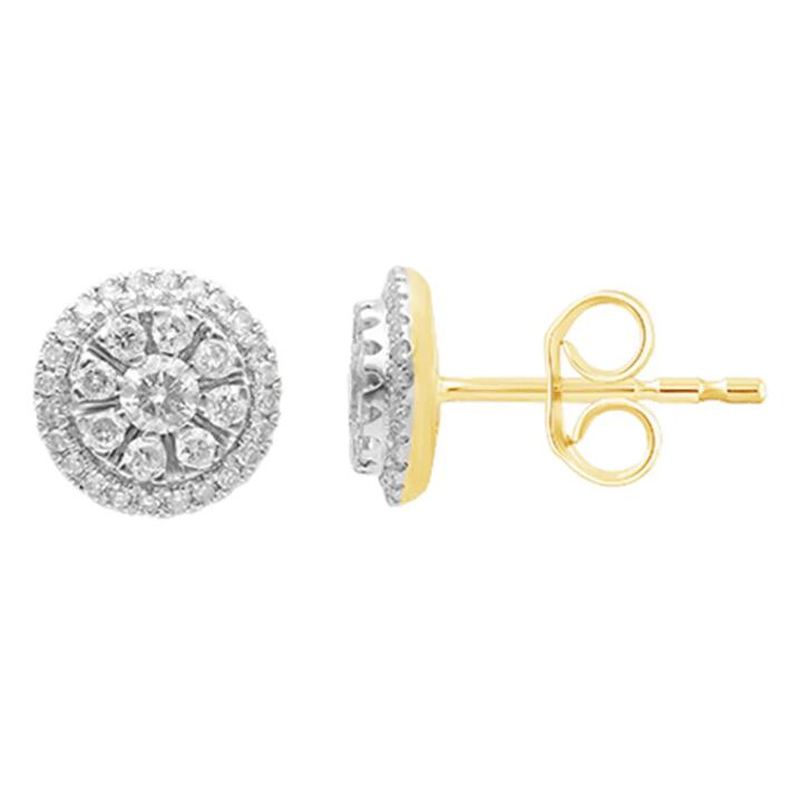 Image of Earrings. Product name - Composite Halo Stud Earrings with 0.50tw of Diamonds in 9kt Yellow Gold in colour by brand - Bevilles
