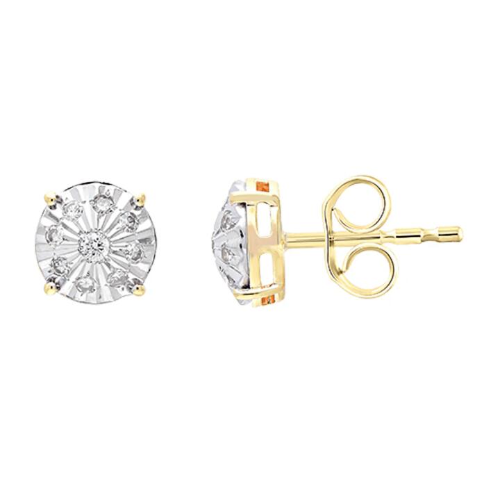 Image of Earrings. Product name - Circle Stud Earrings with 0.15tw of Diamonds in 9kt Yellow Gold in colour by brand - Bevilles