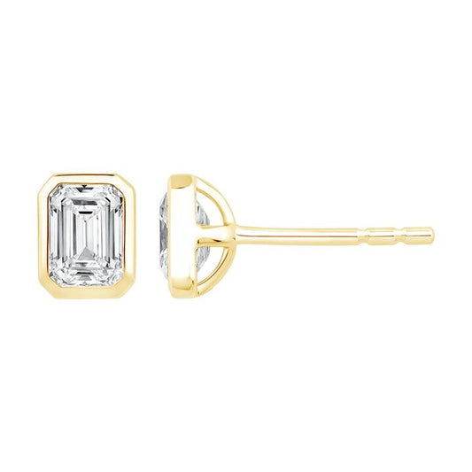 Image of Earrings. Productname: Emerald Cut Solitaire Stud Earrings with 1.00ct of Laboratory Grown Diamonds in 9kt Yellow Gold in Diamond colour by brand - Bevilles