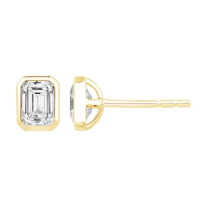 Image of Earrings. Product name - Emerald Cut Solitaire Stud Earrings with 1.00tw of Laboratory-Grown Diamonds in 9kt Yellow Gold in colour by brand - Bevilles