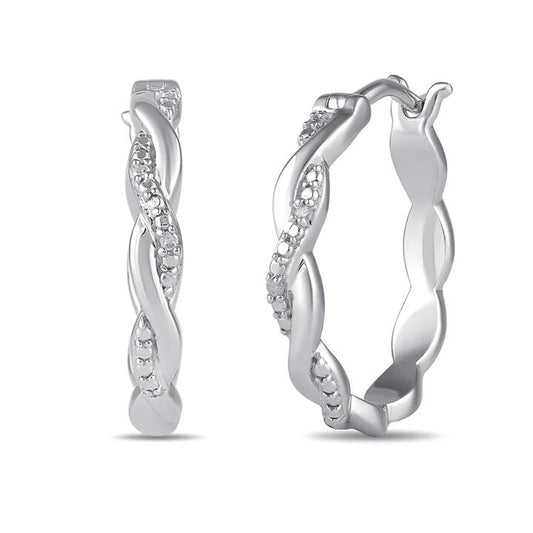 Image of Earrings. Productname: Diamond Set Plait Hoop Earrings in Sterling Silver in Diamond colour by brand - Bevilles
