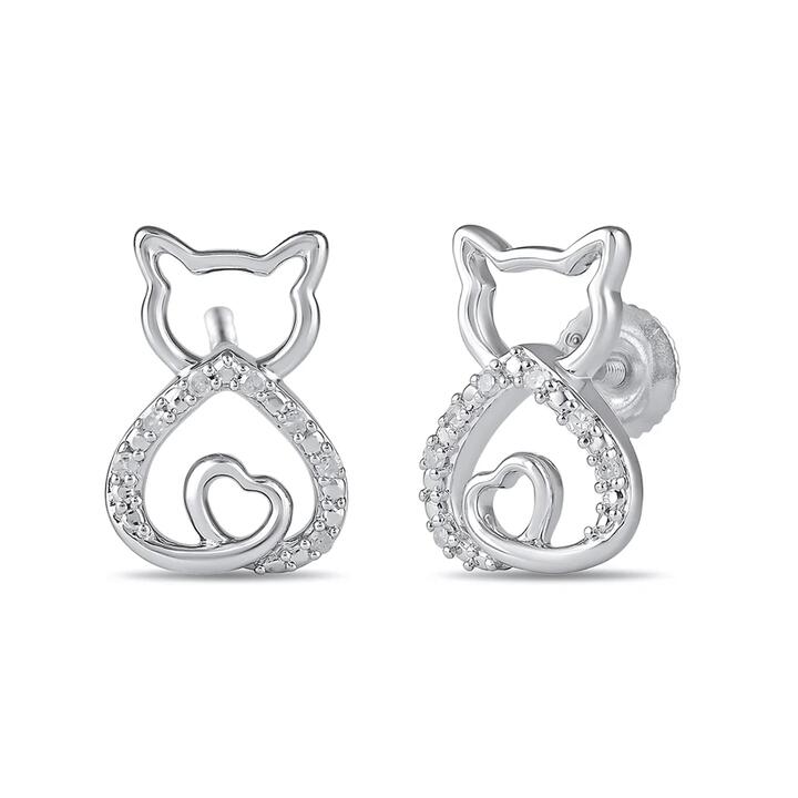 Image of Earrings. Productname: Diamond Set Cat Stud Earrings in Sterling Silver in Diamond colour by brand - Bevilles