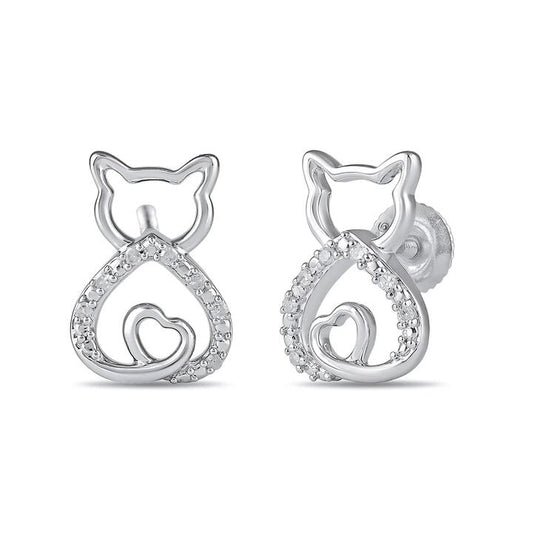 Image of Earrings. Productname: Diamond Set Cat Stud Earrings in Sterling Silver in Diamond colour by brand - Bevilles