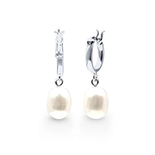 Image of Earrings. Productname: Freshwater Pearl Drop Hoop Earrings in Sterling Silver in Silver colour by brand - Bevilles