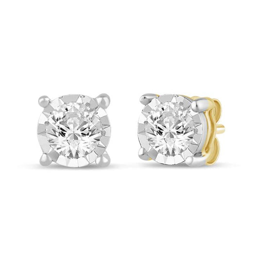Image of Earrings. Productname: Solitaire Miracle Stud Earrings with 0.05ct of Diamonds in 9kt Yellow Gold in Diamond colour by brand - Bevilles