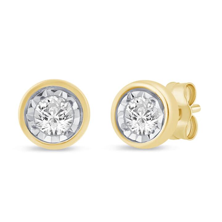 Image of Earrings. Product name - Solitaire Bezel Stud Earrings with 0.05tw of Diamonds in 9kt Yellow Gold in colour by brand - Bevilles