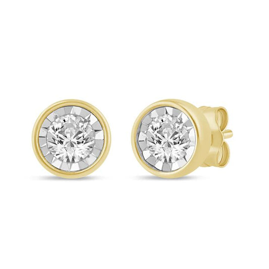Image of Earrings. Productname: Solitaire Bezel Stud Earrings with 1/5ct of Diamonds in 9kt Yellow Gold in Diamond colour by brand - Bevilles