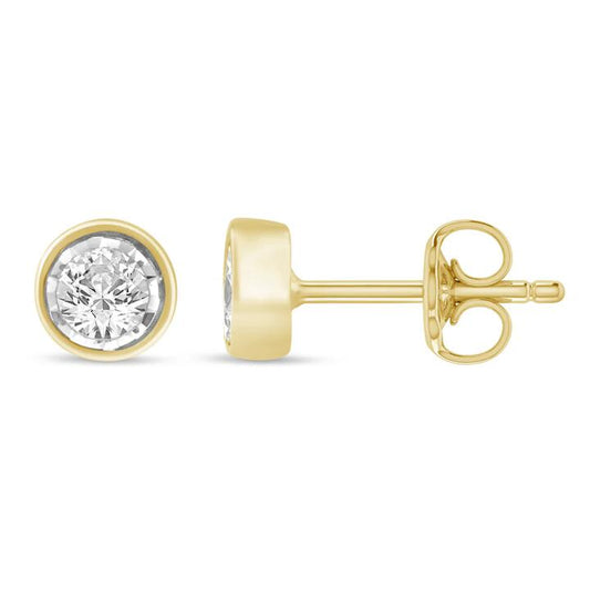 Image of Earrings. Productname: Solitaire Bezel Stud Earrings with 0.30tw of Diamonds in 9kt Yellow Gold in colour by brand - Bevilles
