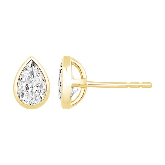 Image of Earrings. Productname: Pear Solitaire Stud Earrings with 1.00tw of Laboratory-Grown Diamonds in 9kt Yellow Gold in Diamond colour by brand - Bevilles