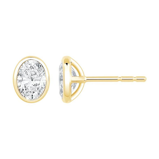 Image of Earrings. Productname: Oval Cut Solitaire Stud Earrings with 1.00ct of Laboratory Grown Diamonds in 9kt Yellow Gold in Diamond colour by brand - Bevilles