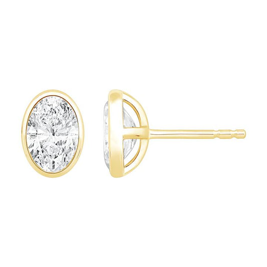 Image of Earrings. Productname: Oval Cut Solitaire Stud Earrings with 2.00ct of Laboratory Grown Diamonds in 9kt Yellow Gold in Diamond colour by brand - Bevilles