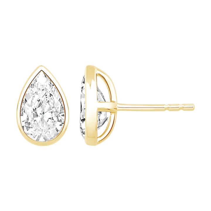 Image of Earrings. Productname: Pear Solitaire Stud Earrings with 2.00tw of Laboratory-Grown Diamonds in 9kt Yellow Gold in Diamond colour by brand - Bevilles