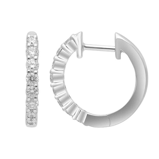 Image of Earrings. Productname: Single Row Hoop Earrings with 1/2ct of Laboratory Grown Diamonds in Platinum and Sterling Silver in Diamond colour by brand - Bevilles