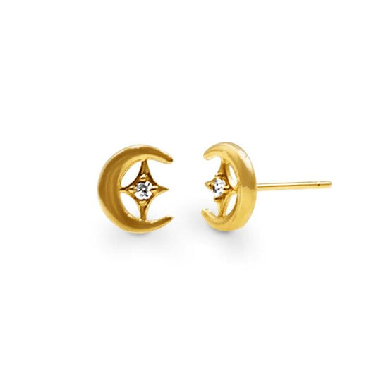 Image of Earrings. Productname: Mini Moon and Star Stud Earrings with Cubic Zirconia in 9kt Yellow Gold in Gold colour by brand - Bevilles