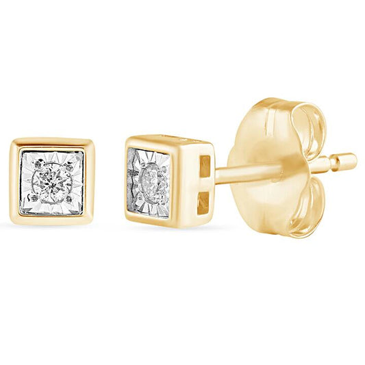 Image of Earrings. Productname: Diamond Set Cushion Shape Stud Earrings in 9kt Yellow Gold in Diamond colour by brand - Bevilles