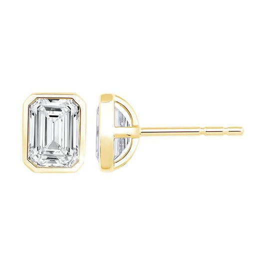 Image of Earrings. Productname: Emerald Cut Solitaire Stud Earrings with 2.00ct of Laboratory Grown Diamonds in 9kt Yellow Gold in Diamond colour by brand - Bevilles