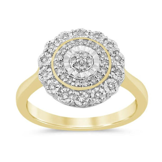 Image of Jewelry. Productname: Round Halo Ring with 0.15ct of Diamonds in 9kt Yellow Gold in Diamond colour by brand - Bevilles
