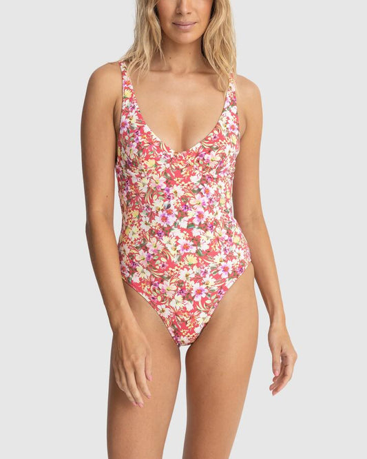 Image of Swimwear. Productname: Rhythm - Womens Bloom Floral Underwire One Piece Swimsuit - Red - in Red colour by brand - Rhythm
