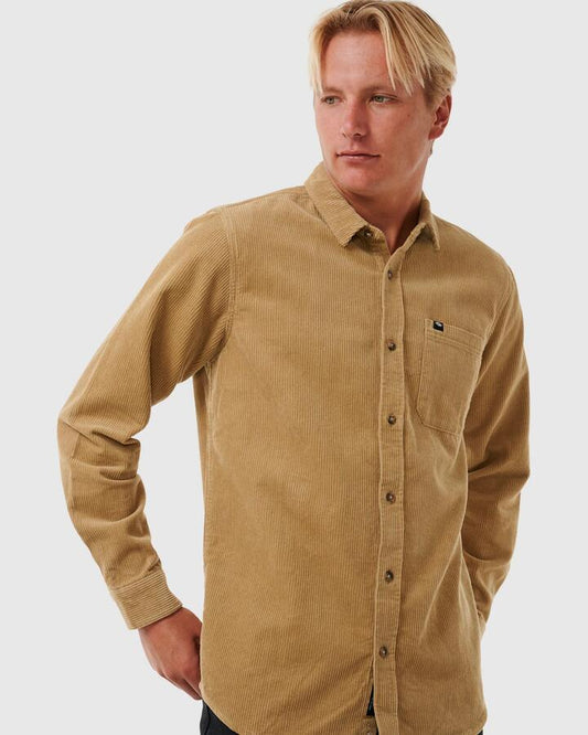 Image of a model wearing Tops. Productname: Rip Curl - Mens Classic Surf Corduroy Long Sleeve Shirt - Khaki - in Khaki colour by brand - Rip Curl