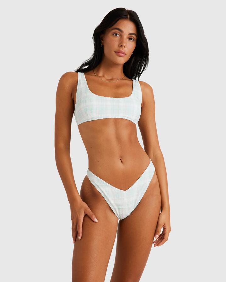 Image of a model wearing Tops. Product name - RVCA Womens Summer Plaid Scooped Bralette Bikini Top Sky High in Sky High colour by brand - RVCA