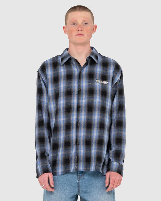 Image of a model wearing Tops. Productname: Rusty Mens Neon Dreams Long Sleeve Shirt Ash Blue - in Ash Blue colour by brand - Rusty