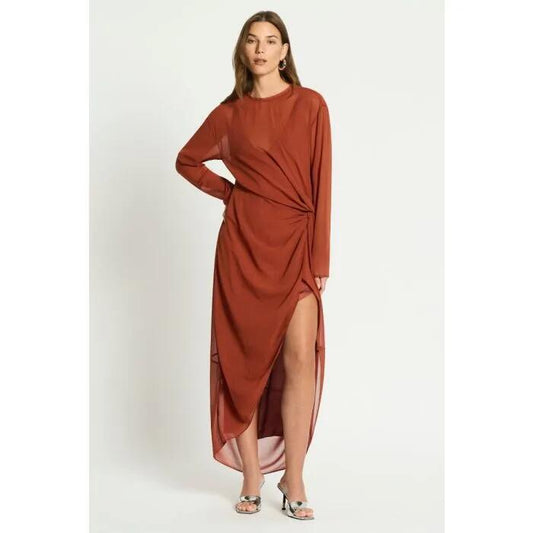 Image of a model wearing Dress. Productname: Sur Dress in Brick colour by brand - sass and bide