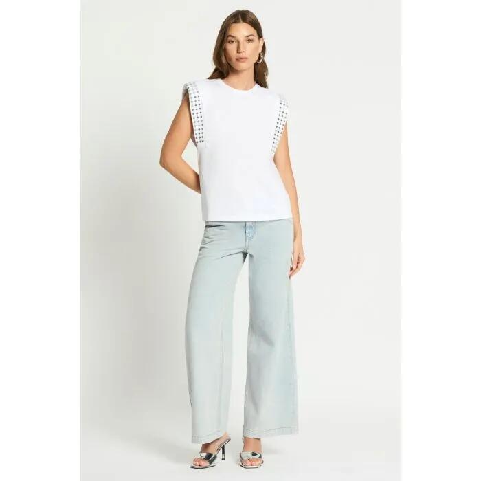 Image of a model wearing Tops. Productname: Pinnacle Tank in BRIGHT WHITE colour by brand - sass and bide