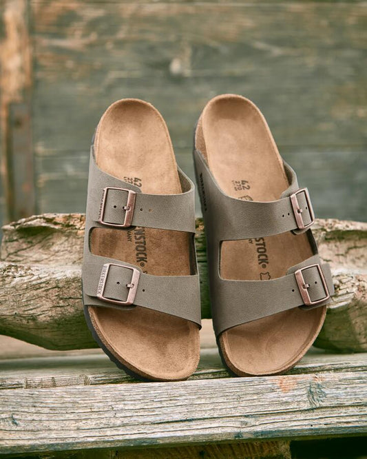 Image of Slippers. Productname: Birkenstock Arizona Birko-Flor Stone Regular Slides Stone - in Stone colour by brand - Birkenstock