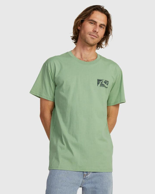 Image of a model wearing Tops. Productname: Rusty Mens R Dot Short Sleeve T-Shirt Army Green - in Army Green colour by brand - Rusty