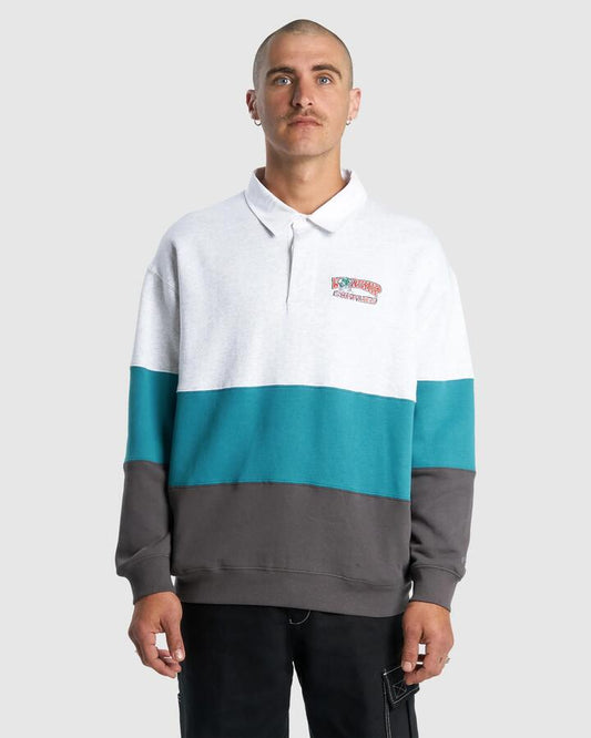 Image of a model wearing Outerwear. Productname: Worship Mens Get Off Paneled Rugby Fleece Jumper Bayou - in Bayou colour by brand - Worship