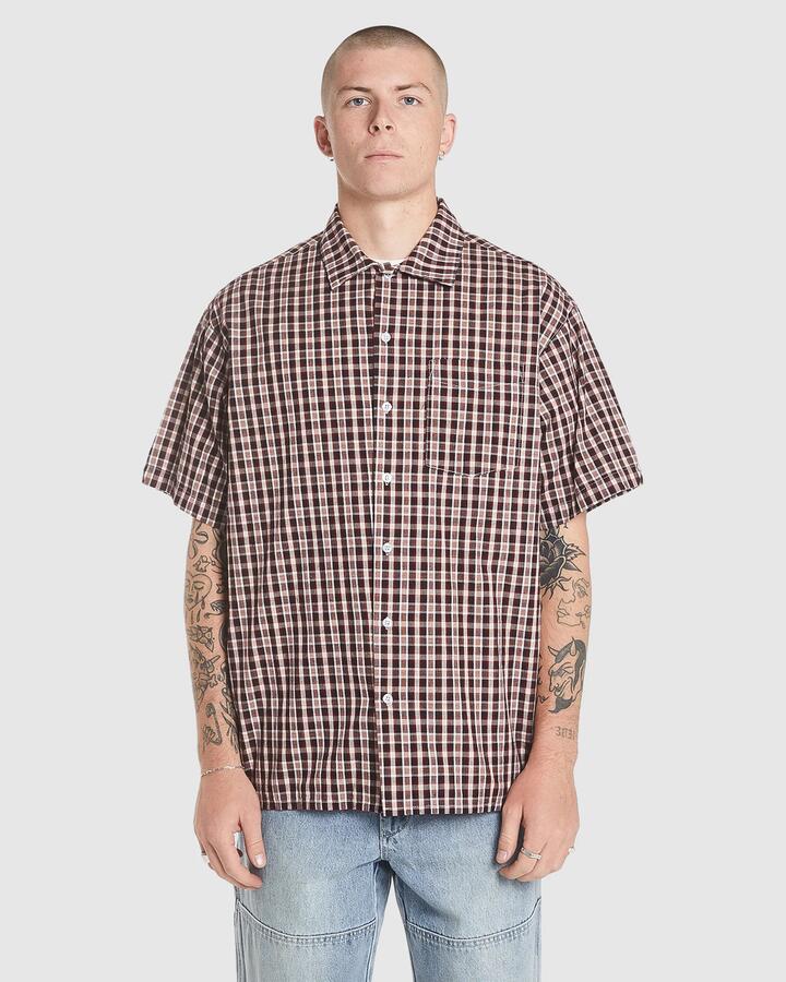 Image of a model wearing Tops. Productname: Worship Mens Hold Up Short Sleeve Shirt Red - in Red colour by brand - Worship