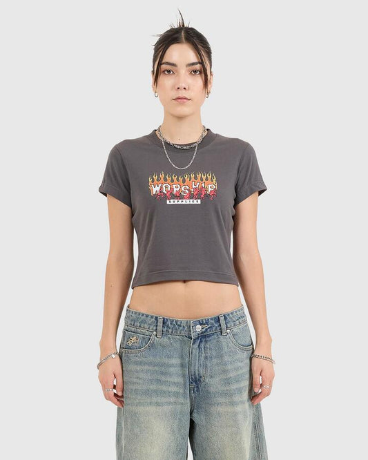 Image of a model wearing Tops. Productname: Worship Womens Hot Potato Teeny T-Shirt Black - in Black colour by brand - Worship