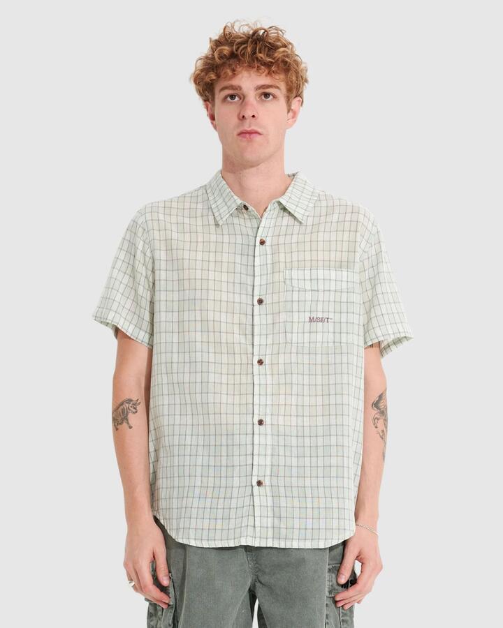 Image of a model wearing Tops. Productname: Misfit Mens Affluent Spice Short Sleeve Shirt Blue Stripe - in Blue Stripe colour by brand - Misfit