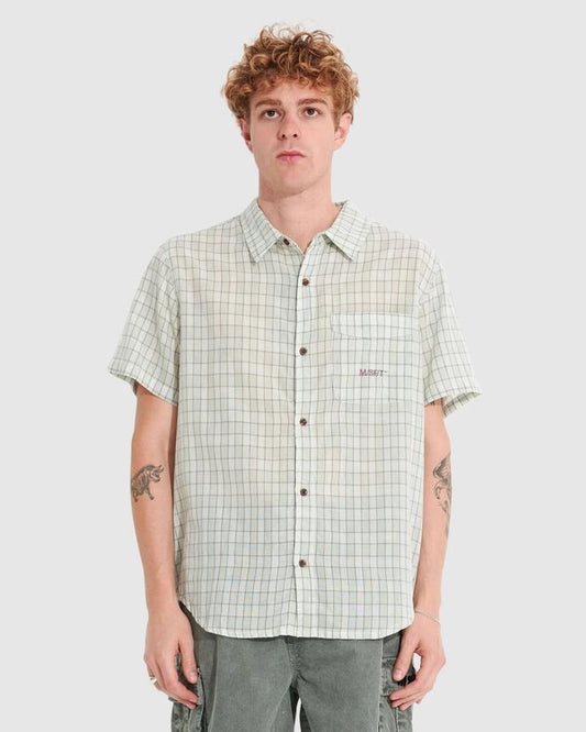 Image of a model wearing Tops. Productname: Misfit Mens Affluent Spice Short Sleeve Shirt Blue Stripe - in Blue Stripe colour by brand - Misfit