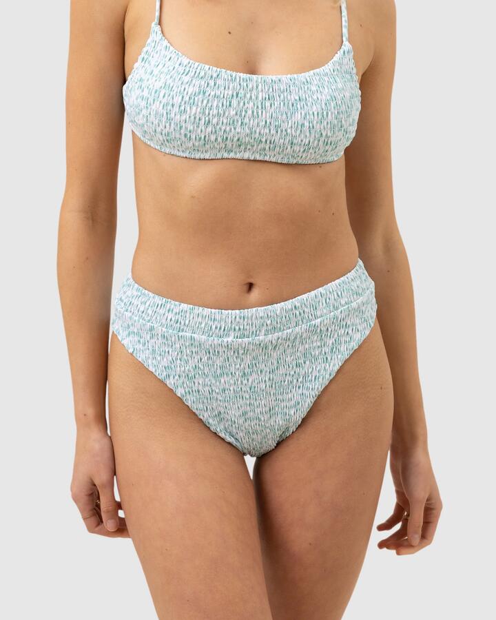 Image of Swimwear. Productname: Rhythm Womens Biscay Floral Smocked Xanadu Bikini Bottoms White - in White colour by brand - Rhythm