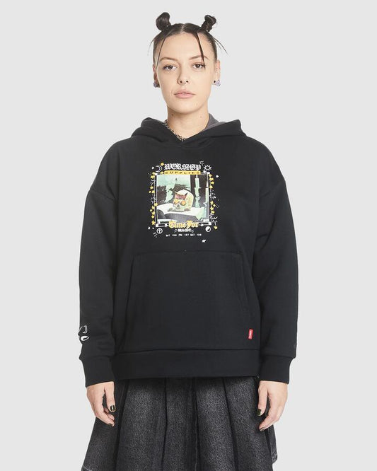 Image of a model wearing Outerwear. Productname: Worship Womens Black Magic Box Fit Hoodie Black - in Black colour by brand - Worship