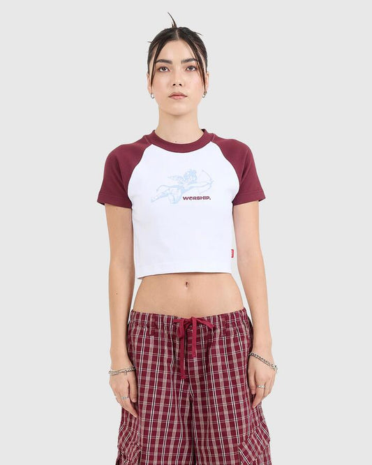 Image of a model wearing Tops. Productname: Worship Womens Cherub Raglan Micro T-Shirt Red - in Red colour by brand - Worship