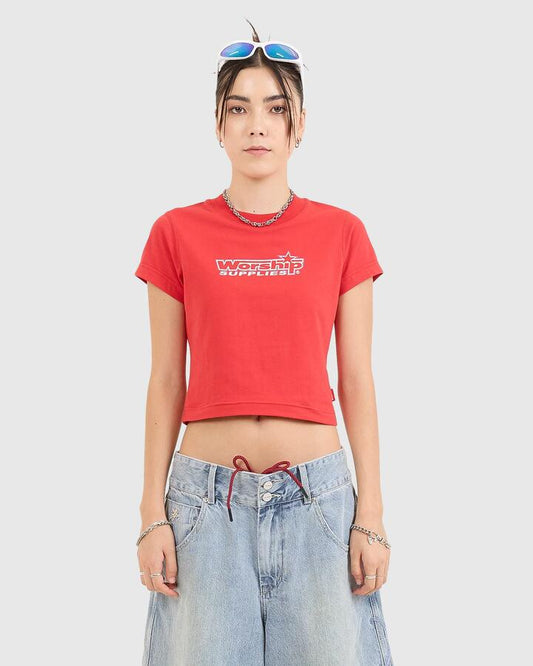 Image of a model wearing Tops. Productname: Worship Womens Push Off Teeny T-Shirt Red - in Red colour by brand - Worship