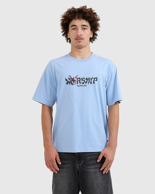 Image of a model wearing Tops. Productname: Worship Mens Horns T-Shirt Blue - in Blue colour by brand - Worship