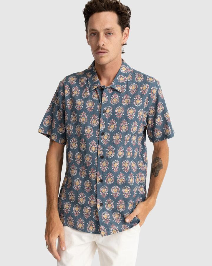 Image of a model wearing Tops. Productname: Rhythm Mens Tofo Short Sleeve Shirt Navy - in Navy colour by brand - Rhythm