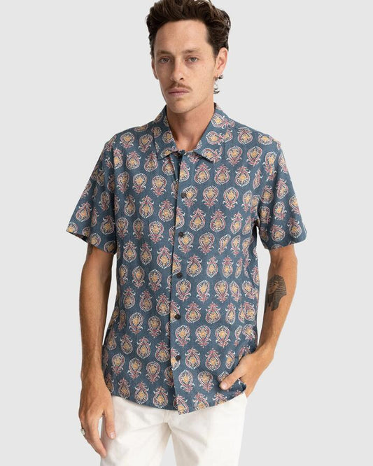 Image of a model wearing Tops. Productname: Rhythm Mens Tofo Short Sleeve Shirt Navy - in Navy colour by brand - Rhythm