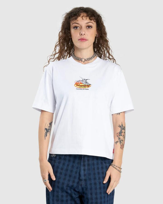 Image of a model wearing Tops. Productname: Worship Womens Controlled Burn Regular Fit T-Shirt White - in White colour by brand - Worship