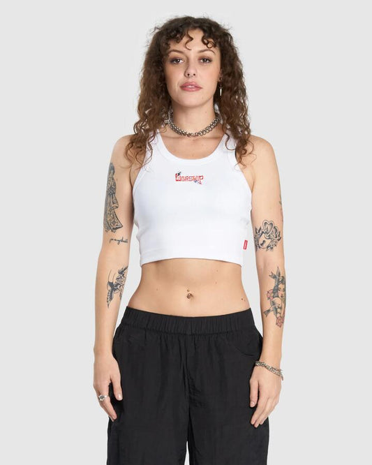Image of a model wearing Tops. Productname: Worship Womens Purgatory Crop Sport Tank Top White - in White colour by brand - Worship