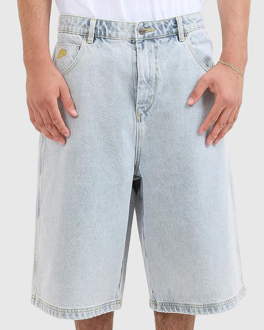 Image of a model wearing Shorts. Productname: Worship Mens Eternal Dozer Jeans Shorts Blue - in Blue colour by brand - Worship