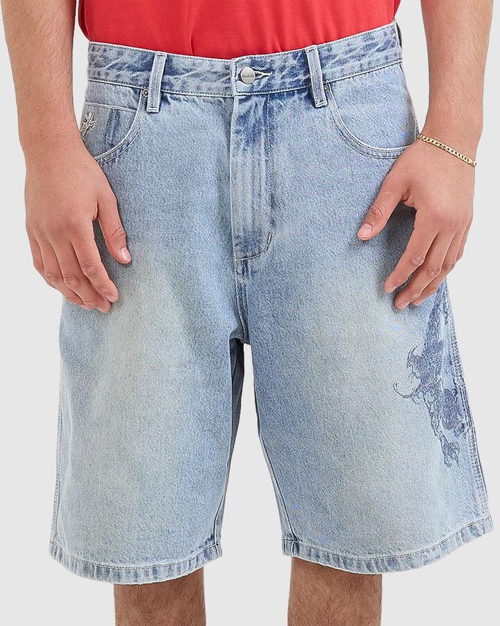 Image of a model wearing Shorts. Productname: Worship Mens Push Off Big Dawg Jeans Shorts Blue - in Blue colour by brand - Worship