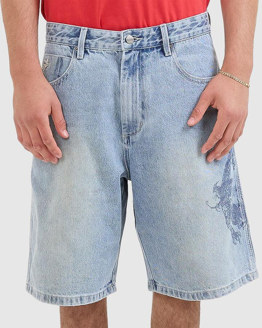 Image of a model wearing Shorts. Productname: Worship Mens Push Off Big Dawg Jeans Shorts Blue - in Blue colour by brand - Worship